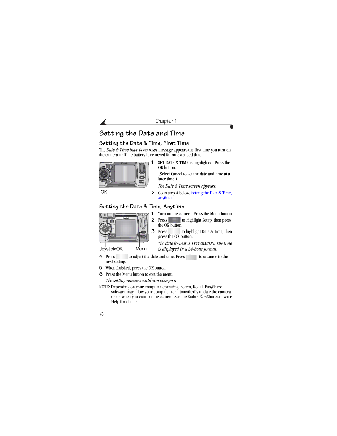 Kodak CX6445 manual Setting the Date and Time, Setting the Date & Time, First Time, Setting the Date & Time, Anytime 