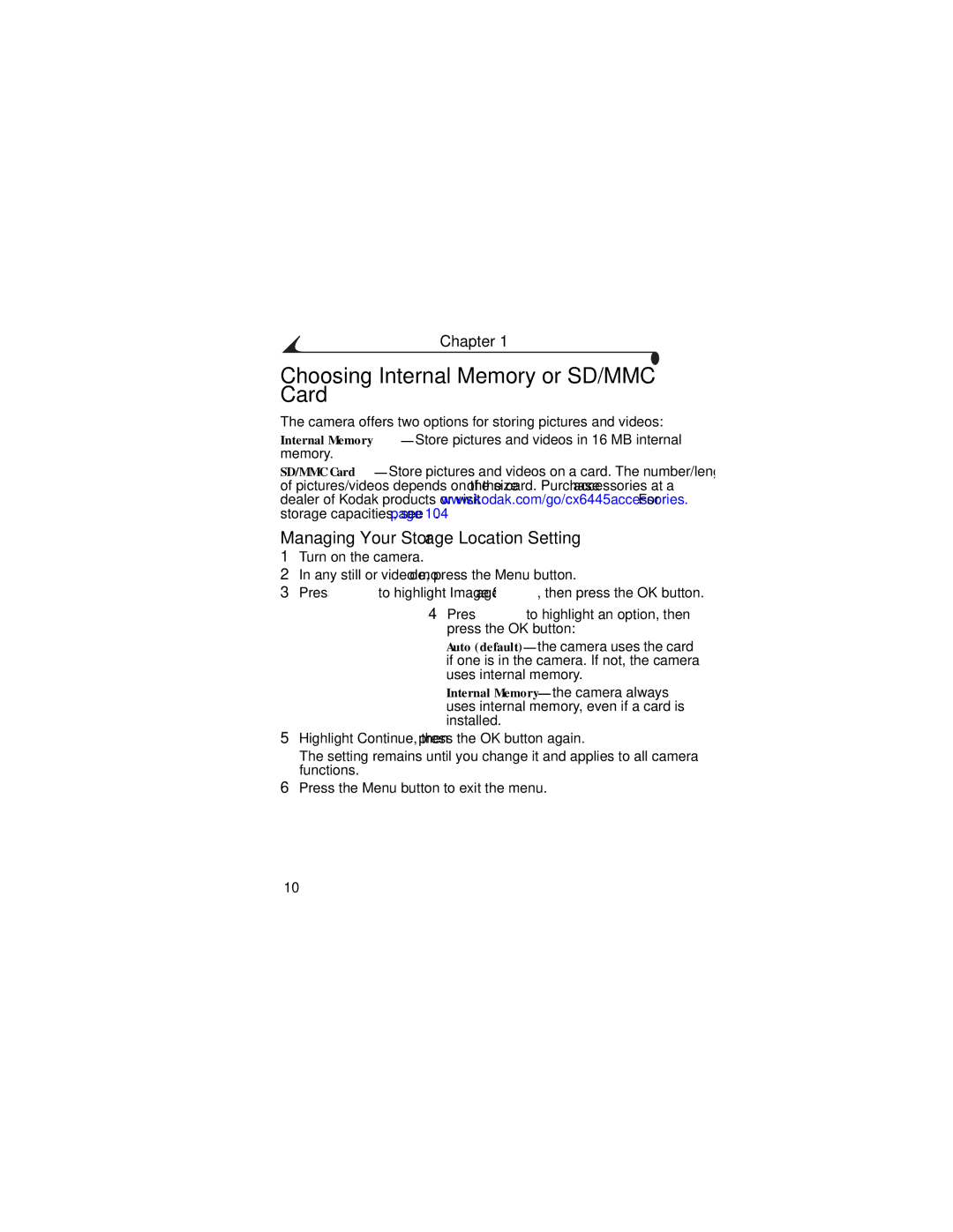 Kodak CX6445 manual Choosing Internal Memory or SD/MMC Card, Managing Your Storage Location Setting 