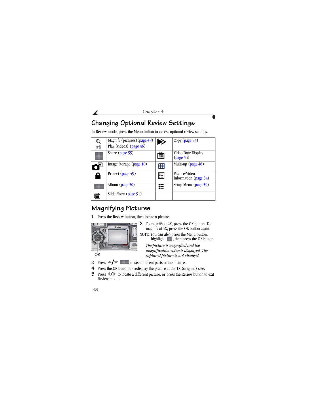 Kodak CX6445 Changing Optional Review Settings, Magnifying Pictures, Copy, Press the Review button, then locate a picture 