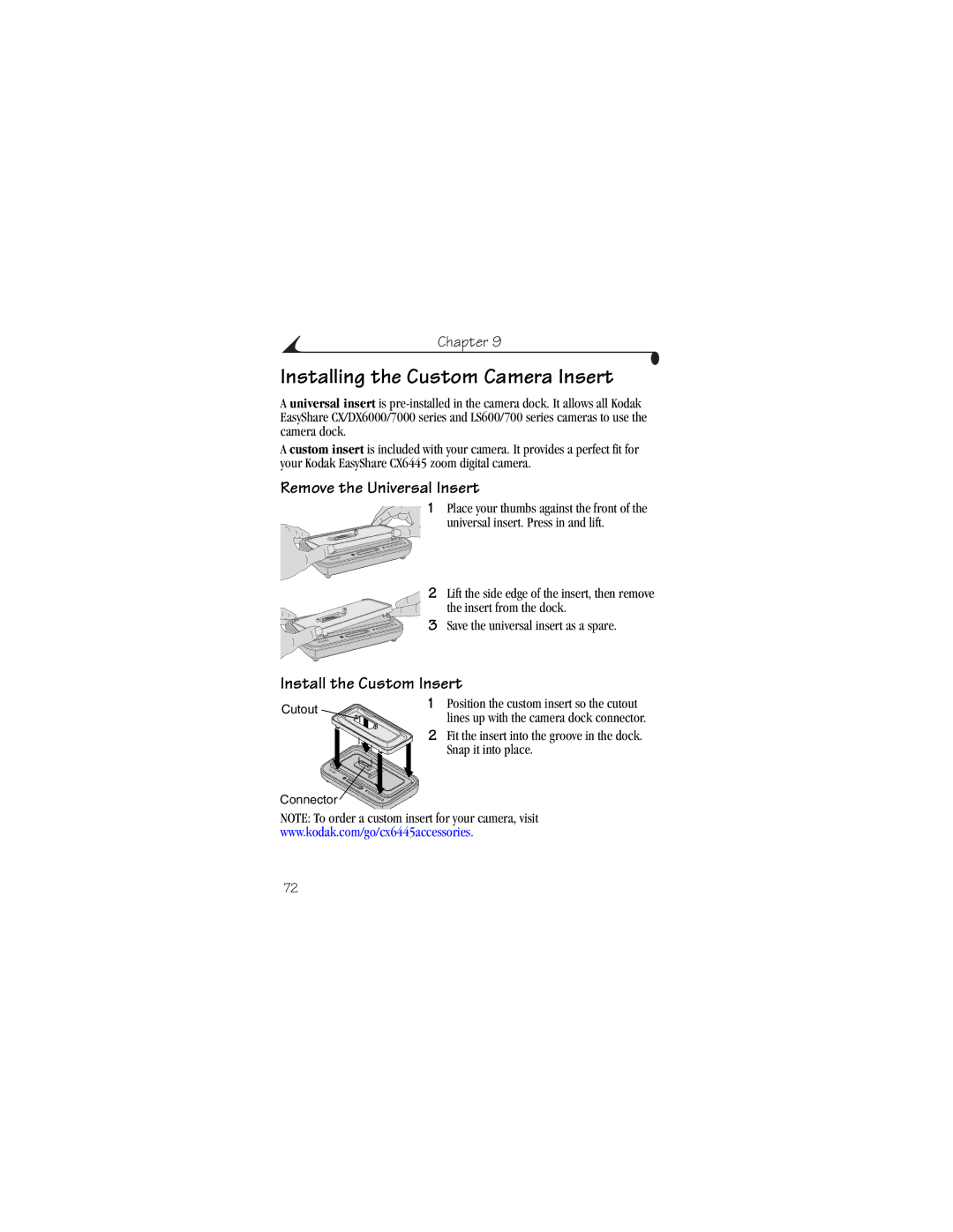 Kodak CX6445 manual Installing the Custom Camera Insert, Remove the Universal Insert, Install the Custom Insert 