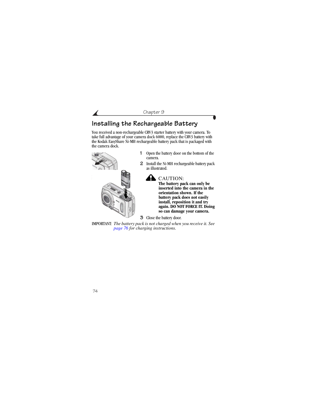 Kodak CX6445 manual Installing the Rechargeable Battery, Close the battery door 