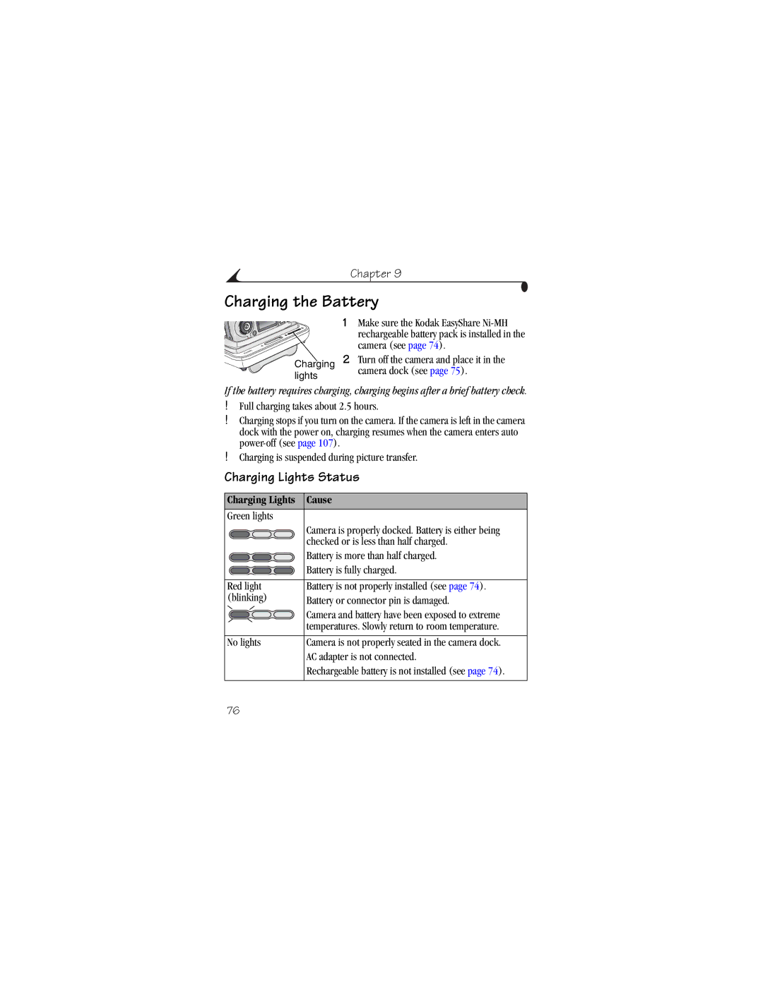 Kodak CX6445 manual Charging the Battery, Charging Lights Status, Charging Lights Cause 