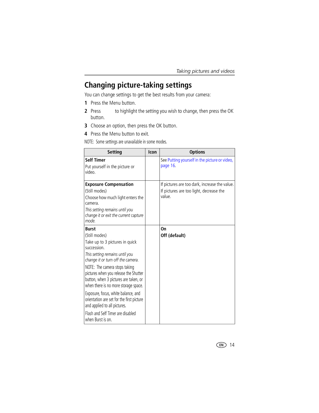 Kodak CX7220 manual Changing picture-taking settings, When Burst is on 