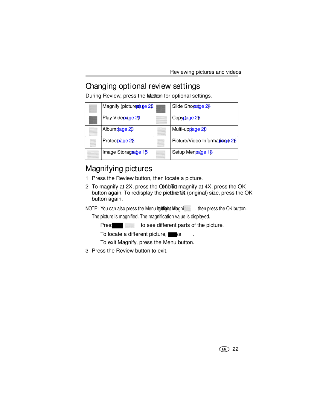 Kodak CX7220 manual Changing optional review settings, Magnifying pictures 