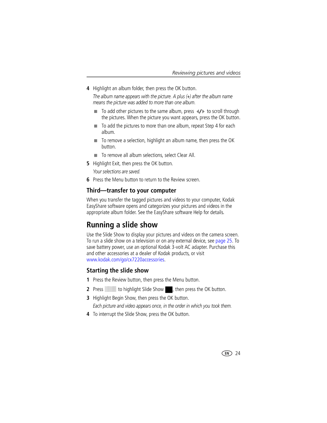 Kodak CX7220 manual Running a slide show, Starting the slide show, Highlight an album folder, then press the OK button 