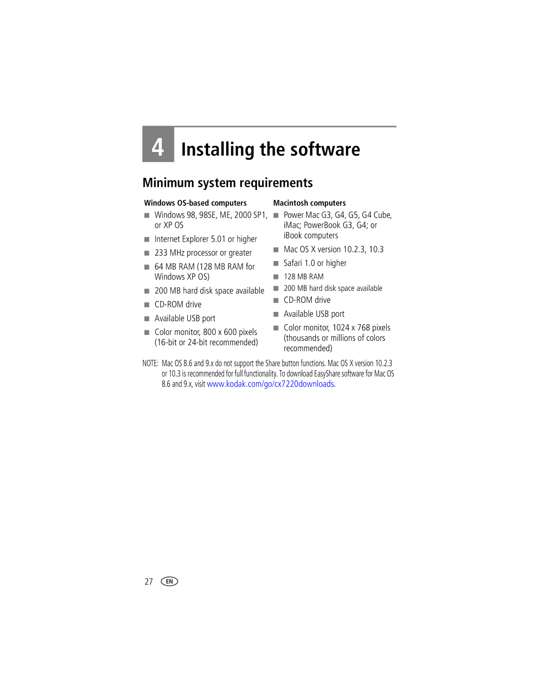 Kodak CX7220 manual Installing the software, Minimum system requirements 