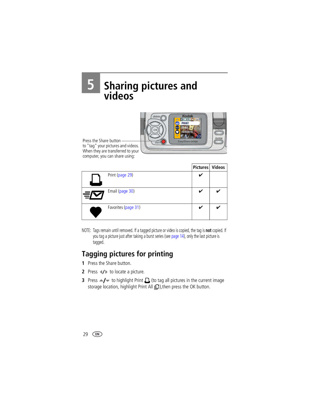 Kodak CX7220 Sharing pictures and videos, Tagging pictures for printing, Press the Share button Press to locate a picture 