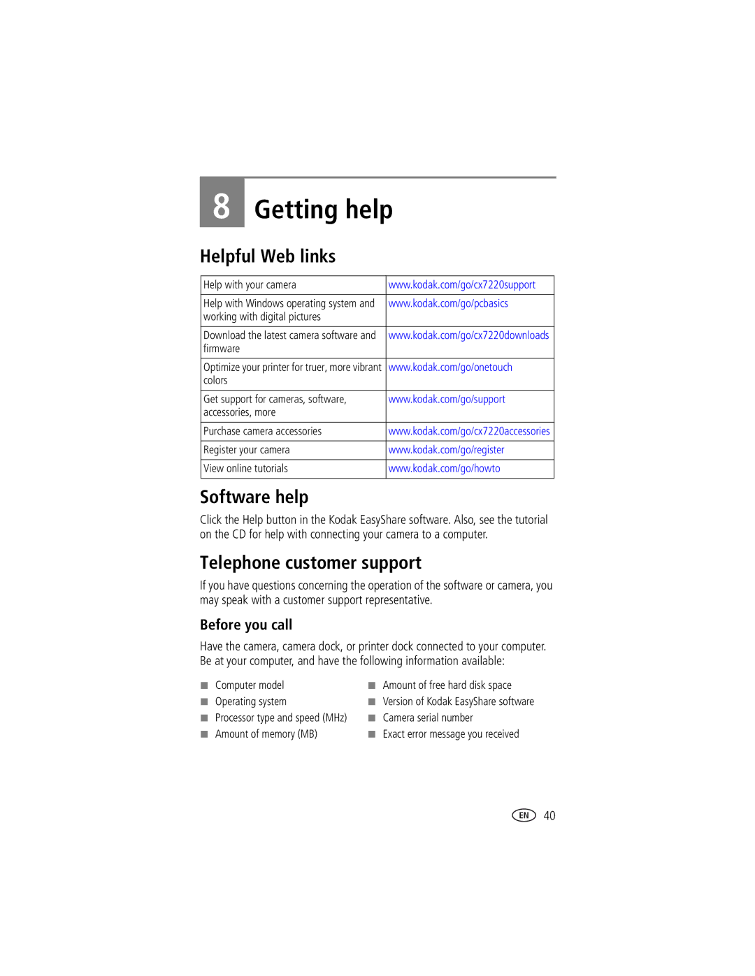 Kodak CX7220 manual Getting help, Helpful Web links, Software help, Telephone customer support, Before you call 