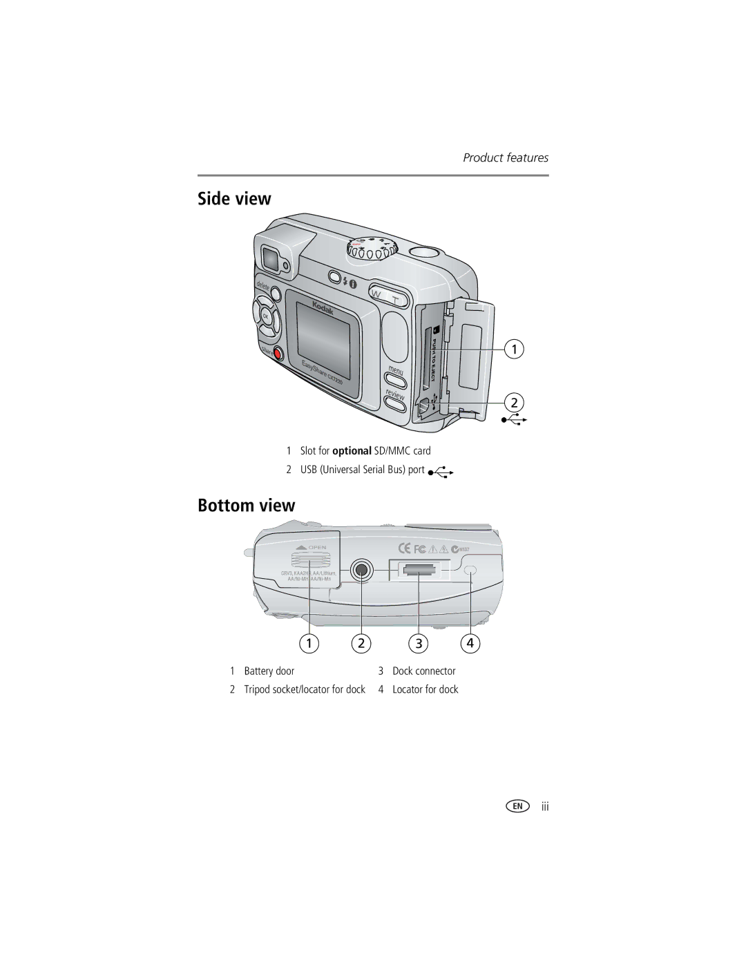 Kodak CX7220 manual Side view, Bottom view, Iii, Slot for optional SD/MMC card USB Universal Serial Bus port, Battery door 