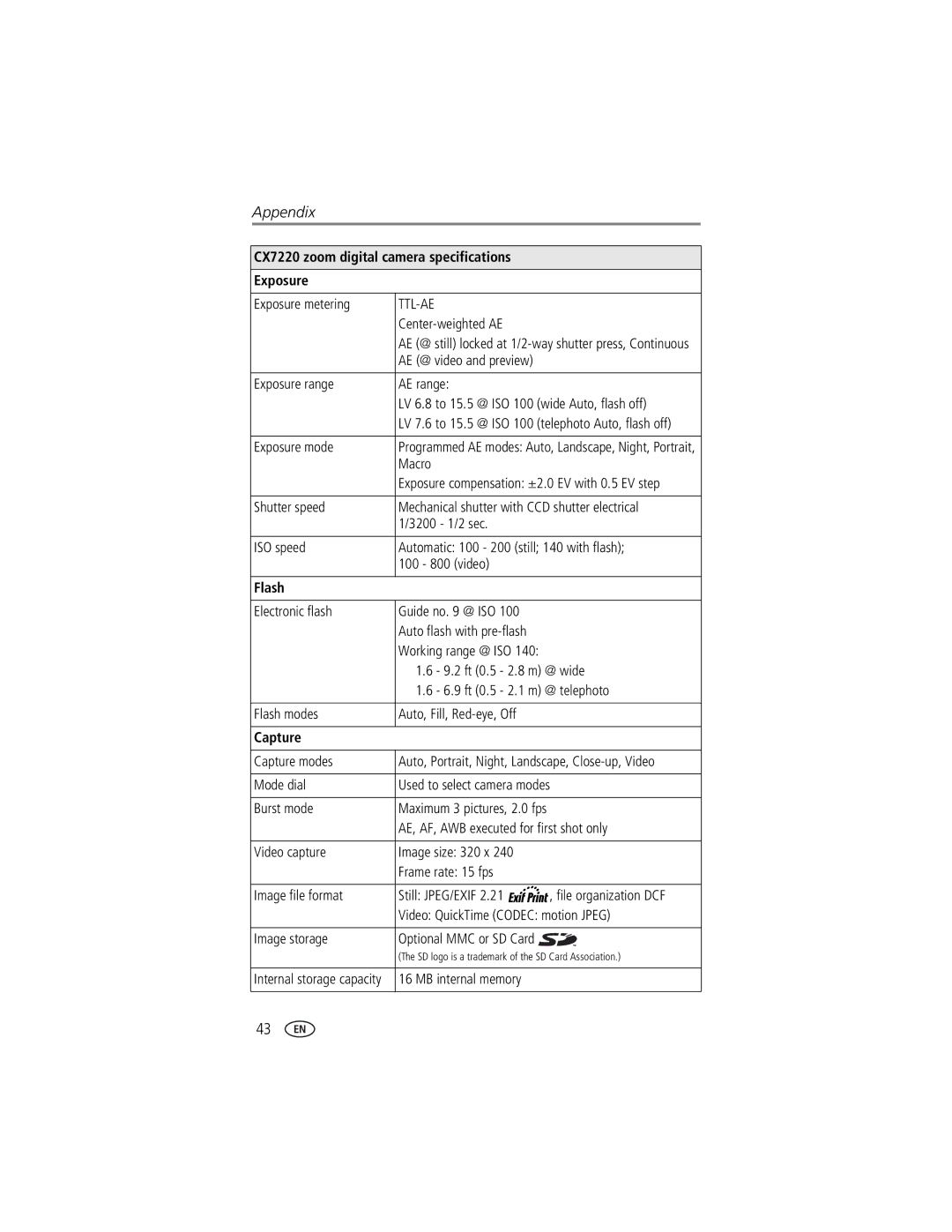 Kodak manual CX7220 zoom digital camera specifications Exposure, Flash, Capture 