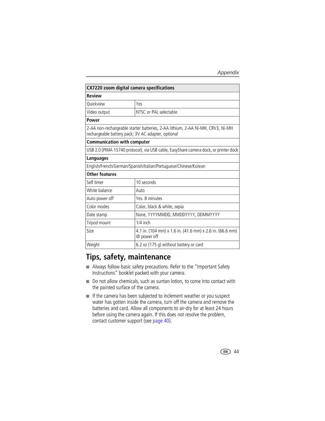 Kodak CX7220 manual Tips, safety, maintenance 