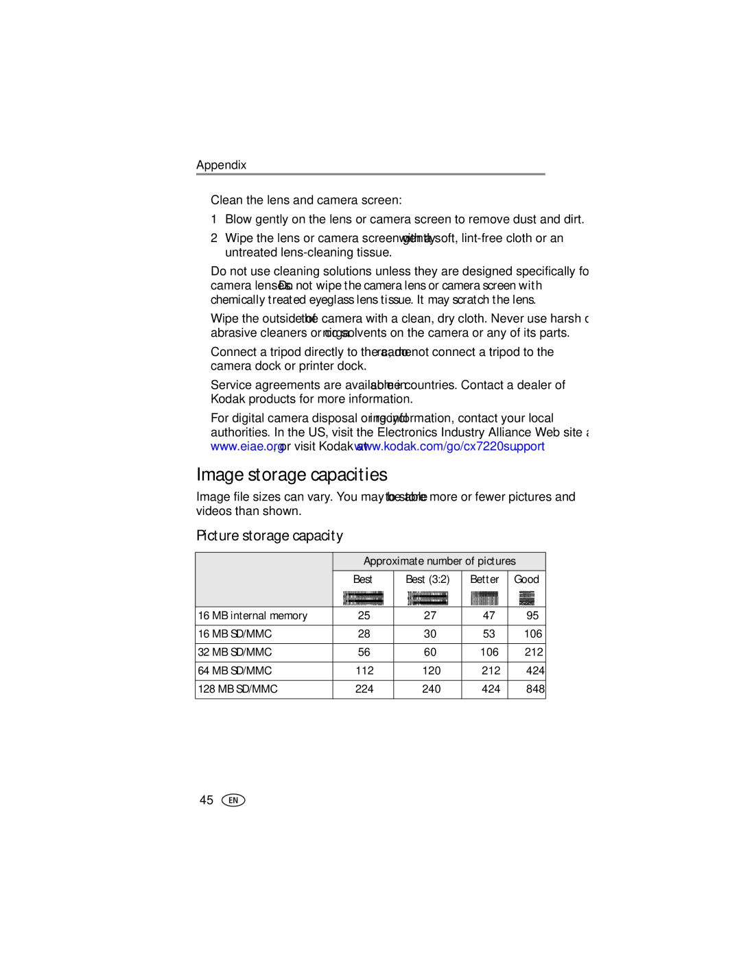 Kodak CX7220 manual Image storage capacities, Picture storage capacity, Clean the lens and camera screen 