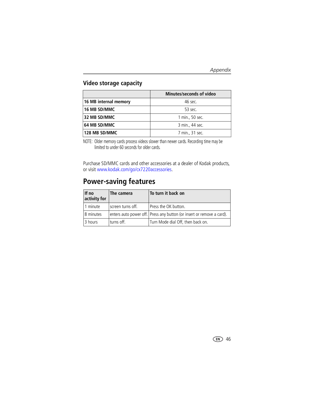 Kodak CX7220 manual Power-saving features, Video storage capacity, Minutes/seconds of video 