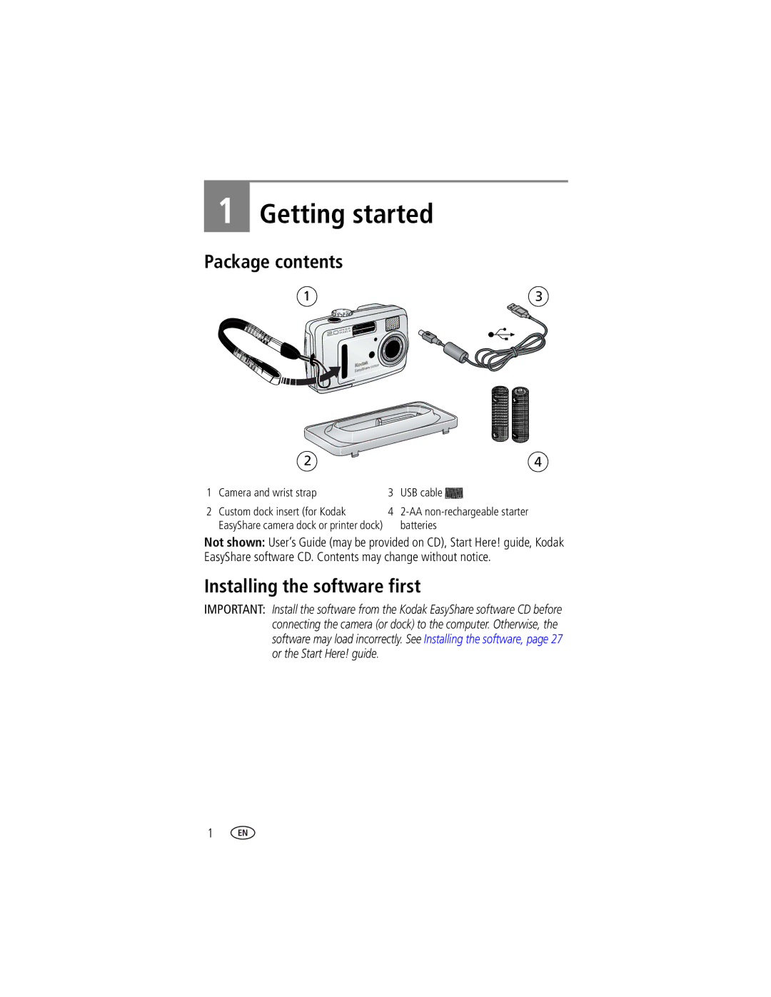 Kodak CX7220 manual Getting started, Package contents, Installing the software first 