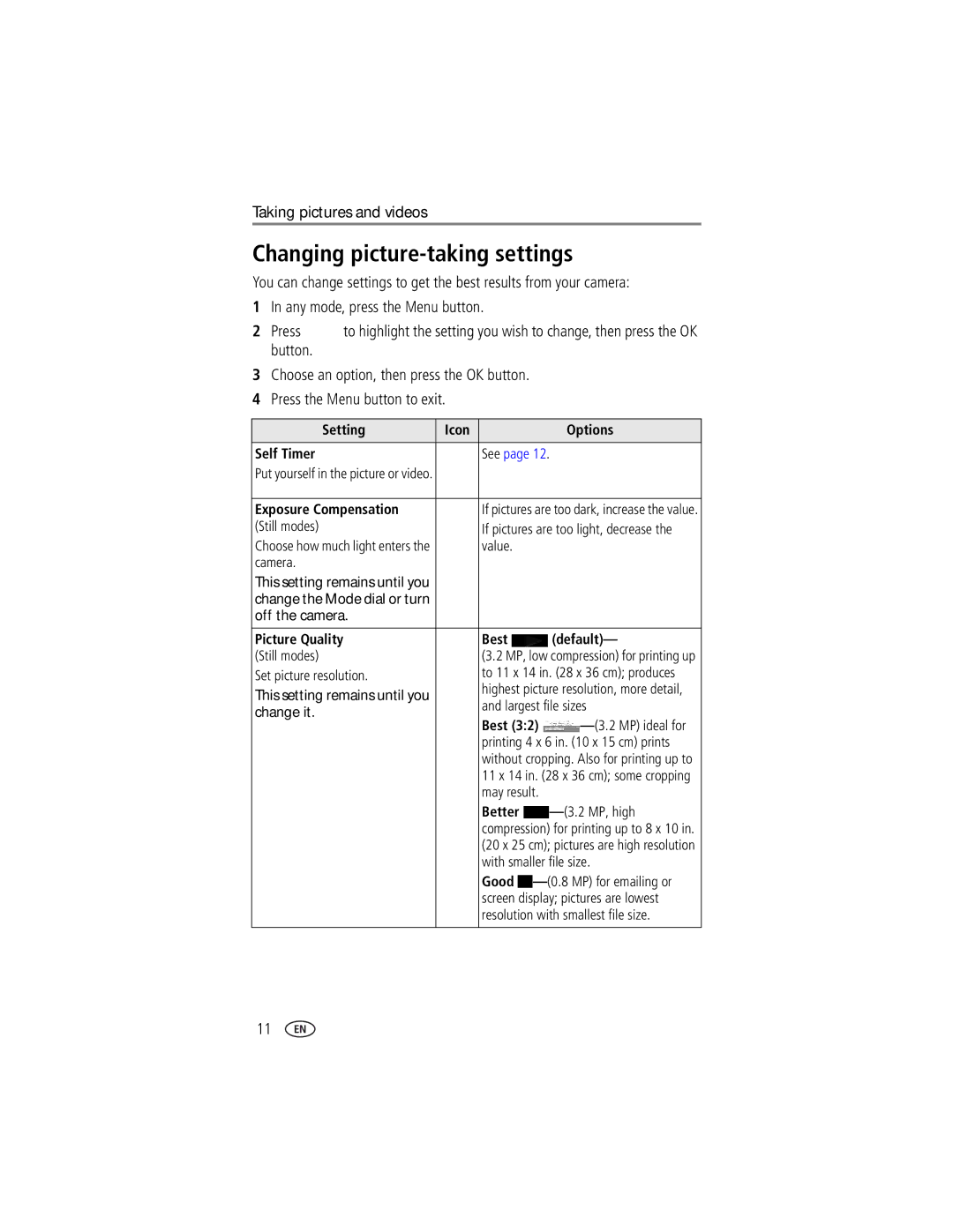 Kodak CX7300 manual Changing picture-taking settings, Setting Icon Options Self Timer, Exposure Compensation, Better 