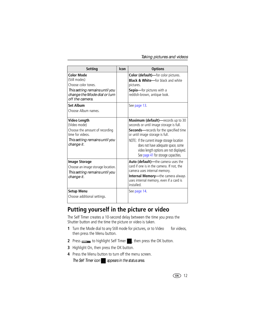 Kodak CX7300 manual Putting yourself in the picture or video, Setting Icon Options Color Mode 