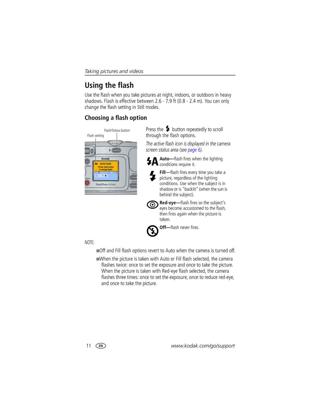 Kodak CX7310 manual Using the flash, Choosing a flash option, Auto-flash fires when the lighting conditions require it 