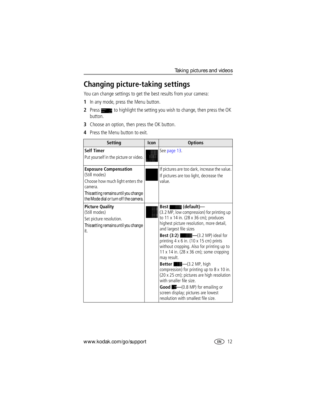 Kodak CX7310 manual Changing picture-taking settings, Setting Icon Options Self Timer, Exposure Compensation, Better 