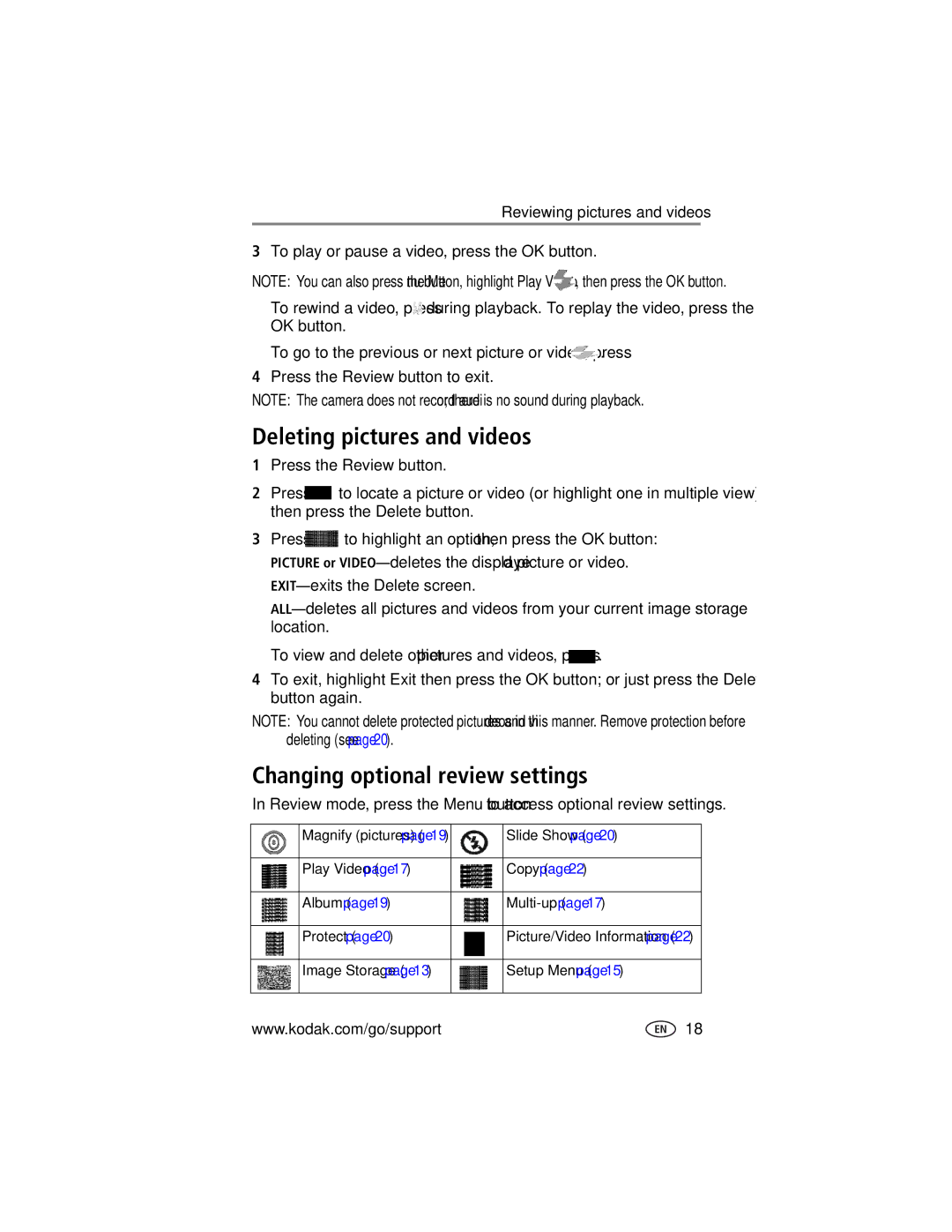 Kodak CX7310 manual Deleting pictures and videos, Changing optional review settings, Slide Show, Setup Menu 