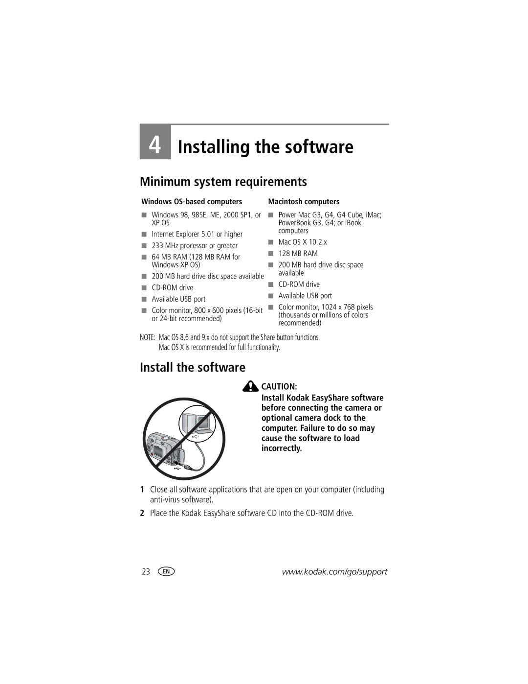 Kodak CX7310 manual Installing the software, Minimum system requirements, Install the software, Windows OS-based computers 