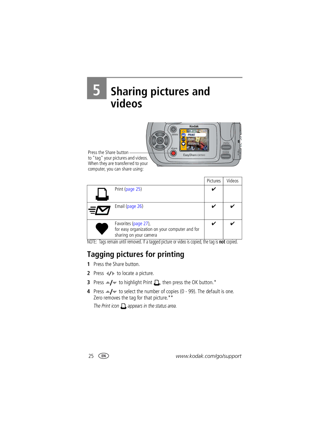 Kodak CX7310 manual Sharing pictures and videos, Tagging pictures for printing, Print Favorites, Sharing on your camera 