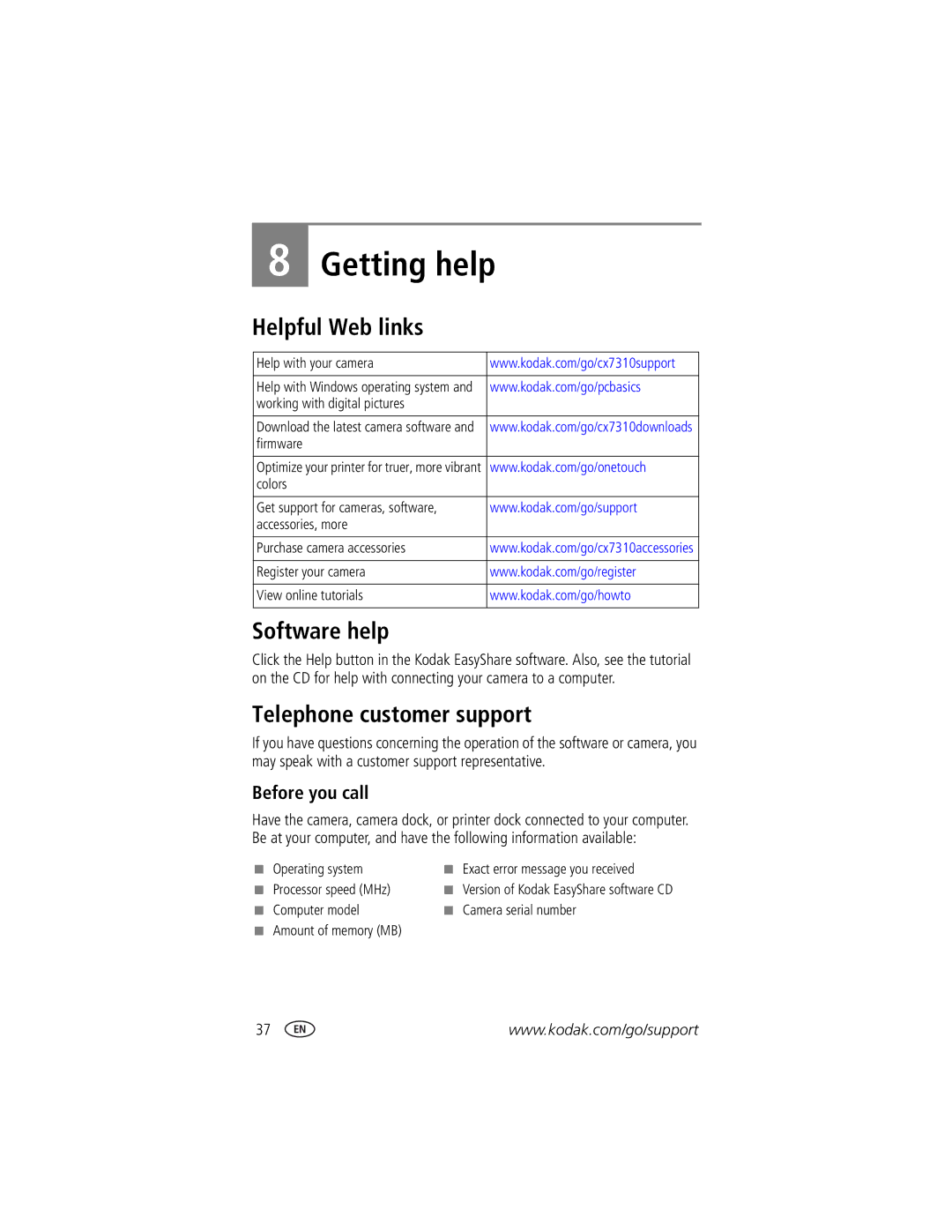 Kodak CX7310 manual Getting help, Helpful Web links, Software help, Telephone customer support, Before you call 