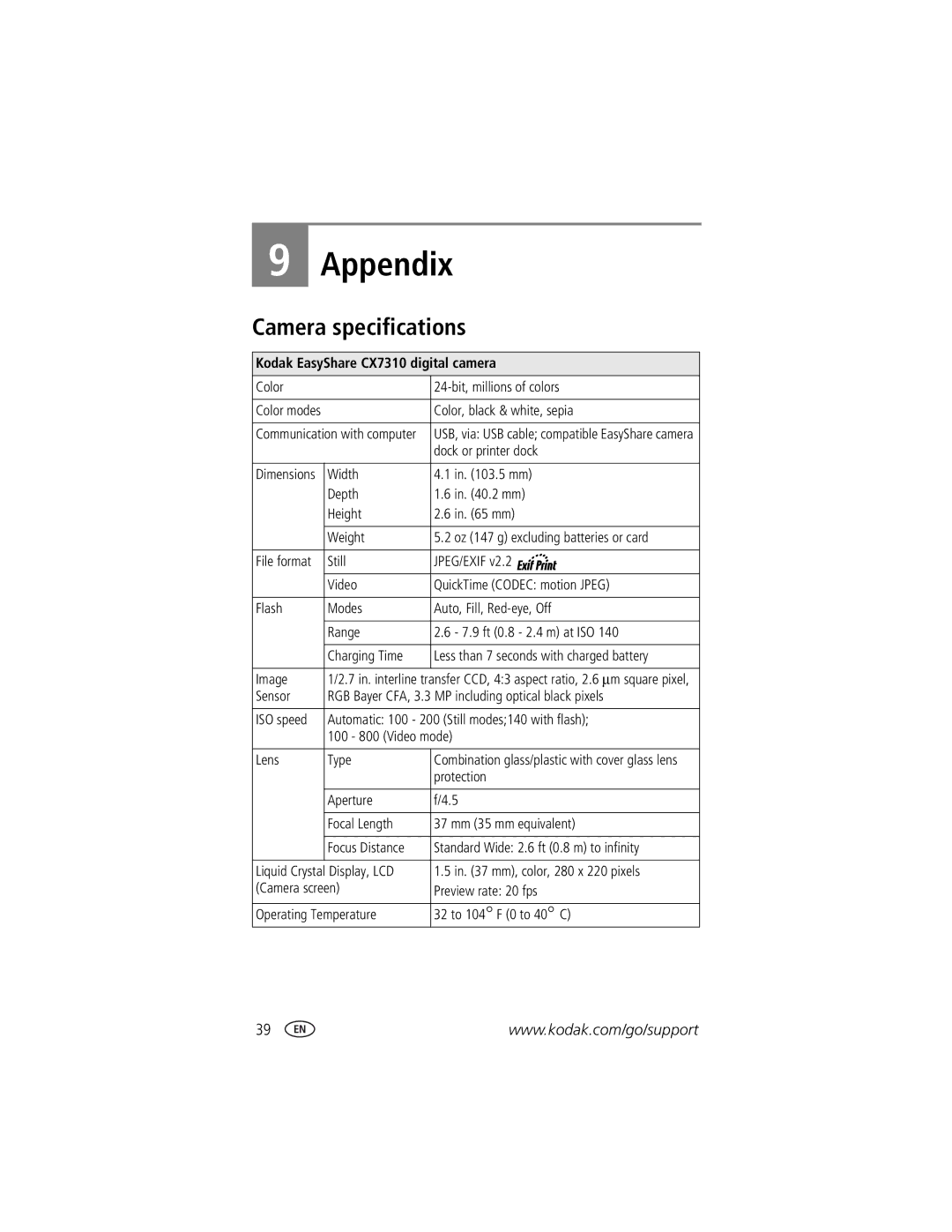 Kodak manual Appendix, Camera specifications, Kodak EasyShare CX7310 digital camera 