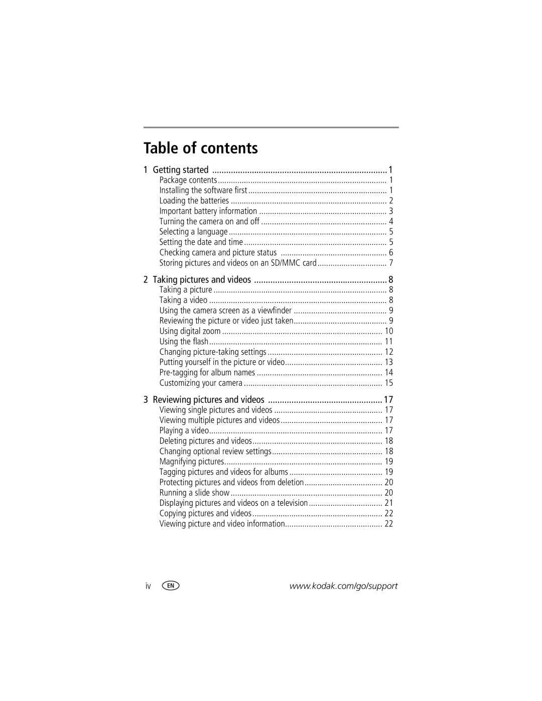 Kodak CX7310 manual Table of contents 