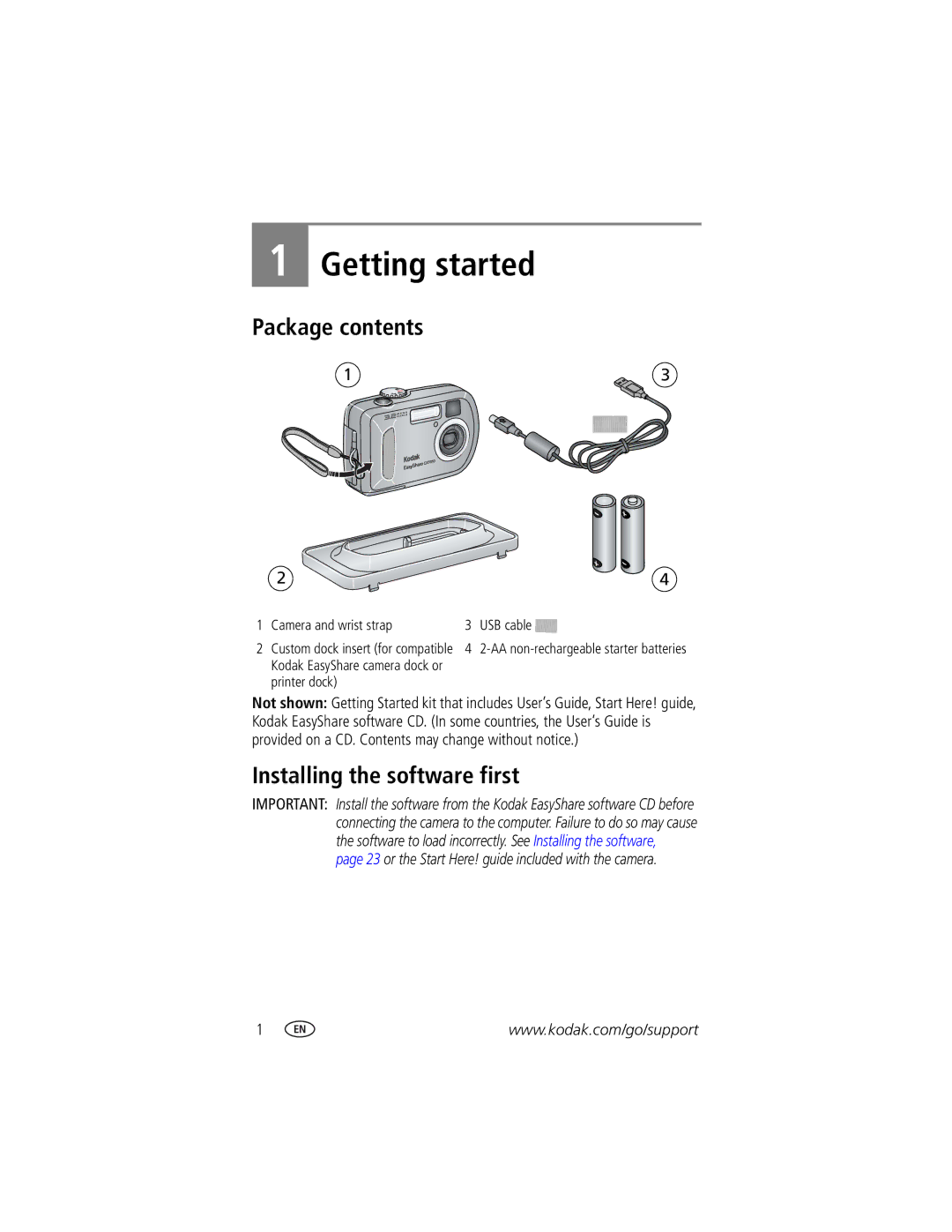 Kodak CX7310 manual Getting started, Package contents, Installing the software first 