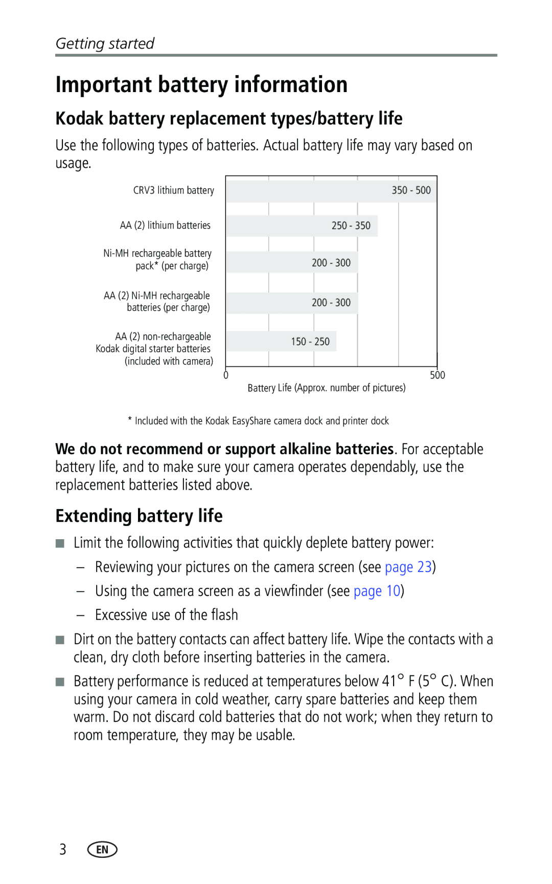 Kodak CX7330 manual Important battery information, Kodak battery replacement types/battery life, Extending battery life 