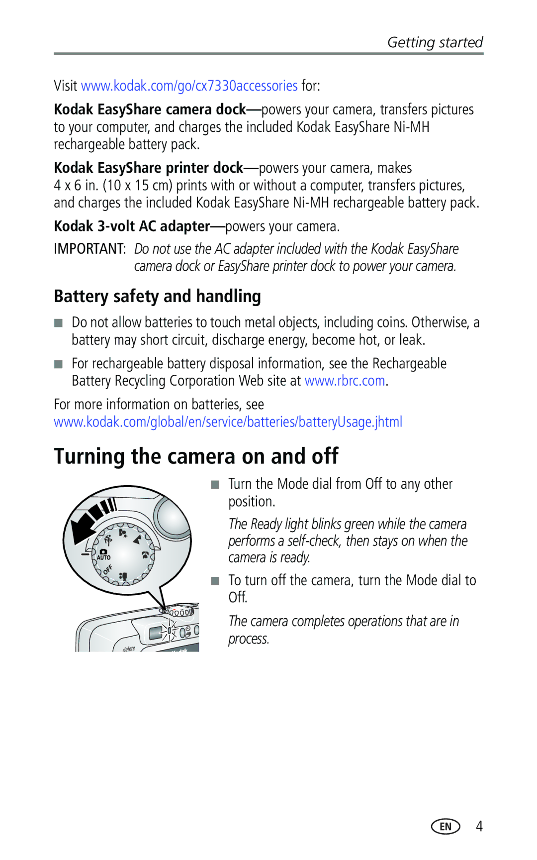 Kodak CX7330 Turning the camera on and off, Battery safety and handling, Turn the Mode dial from Off to any other Position 