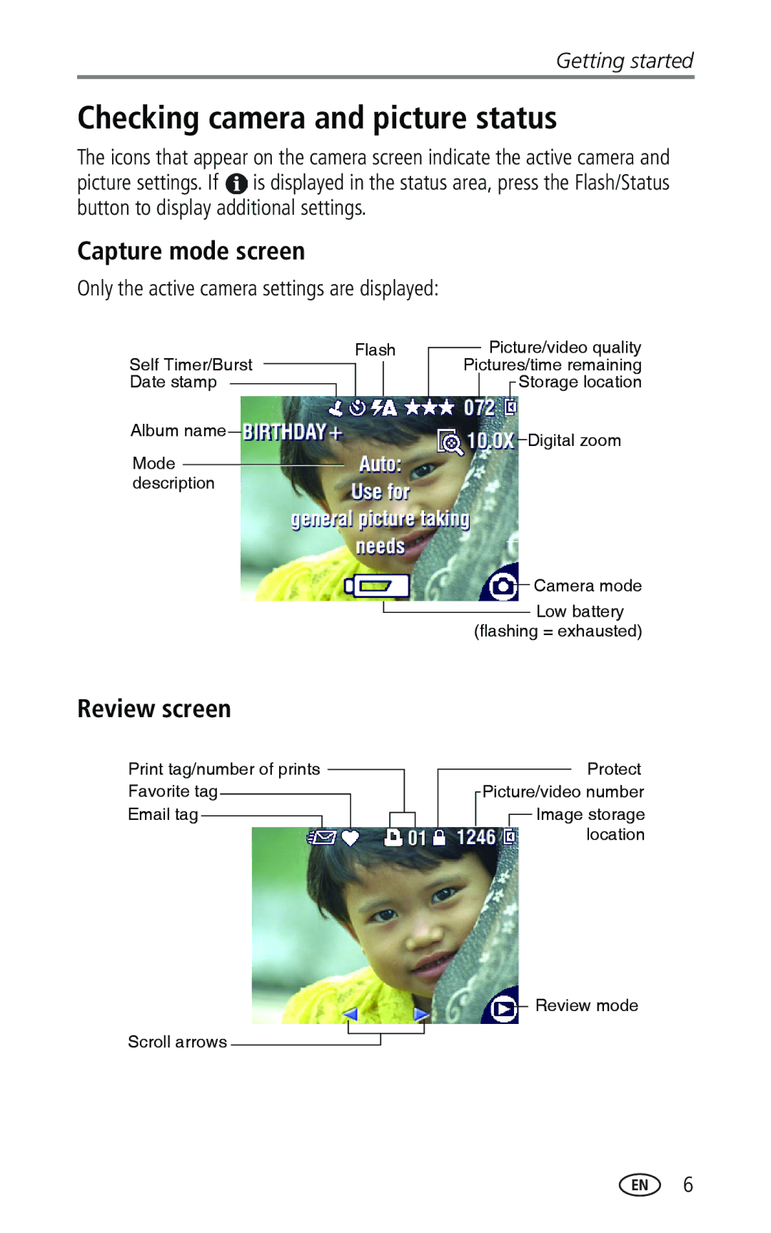 Kodak CX7330 manual Checking camera and picture status, Capture mode screen, Review screen 