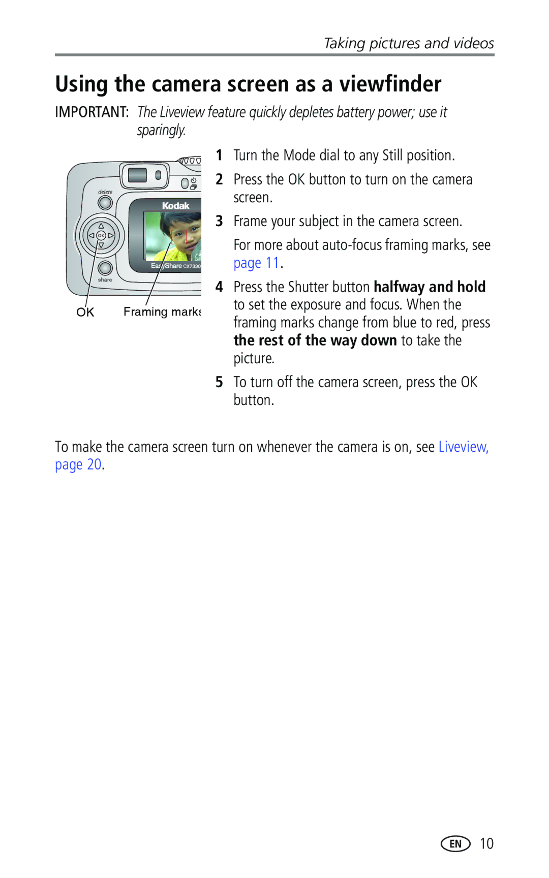 Kodak CX7330 manual Using the camera screen as a viewfinder, Turn the Mode dial to any Still position, Screen 