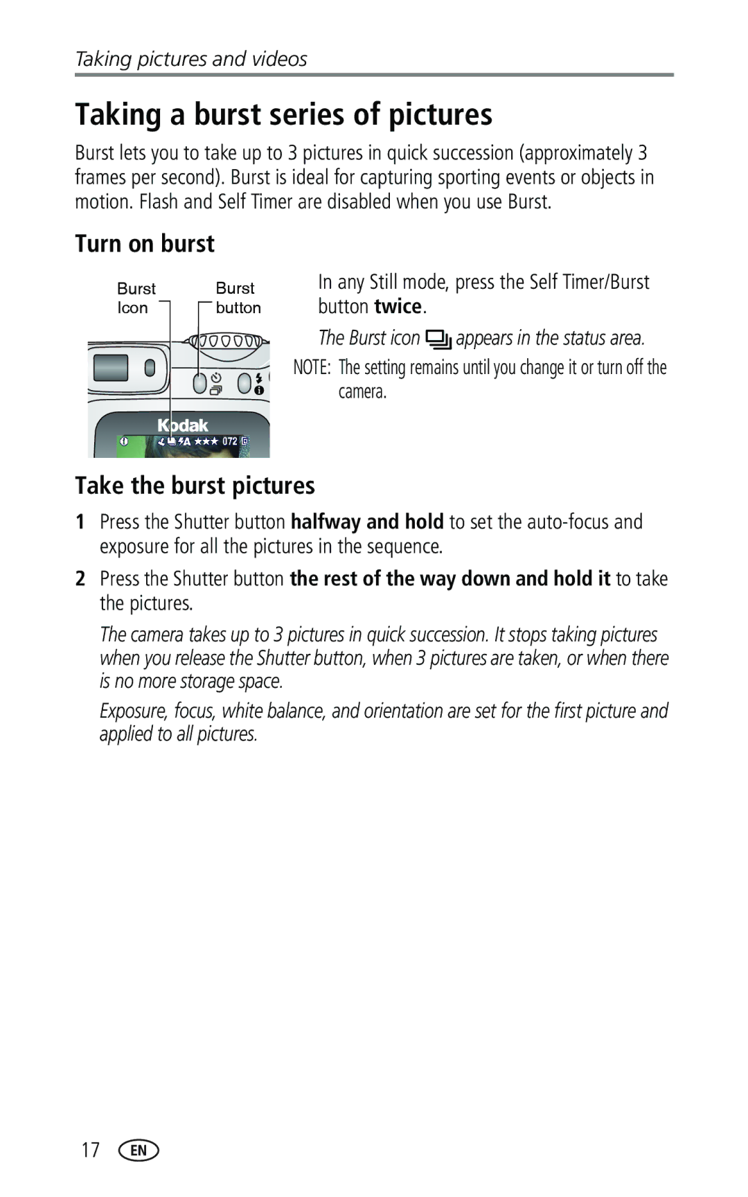 Kodak CX7330 manual Taking a burst series of pictures, Turn on burst, Take the burst pictures 