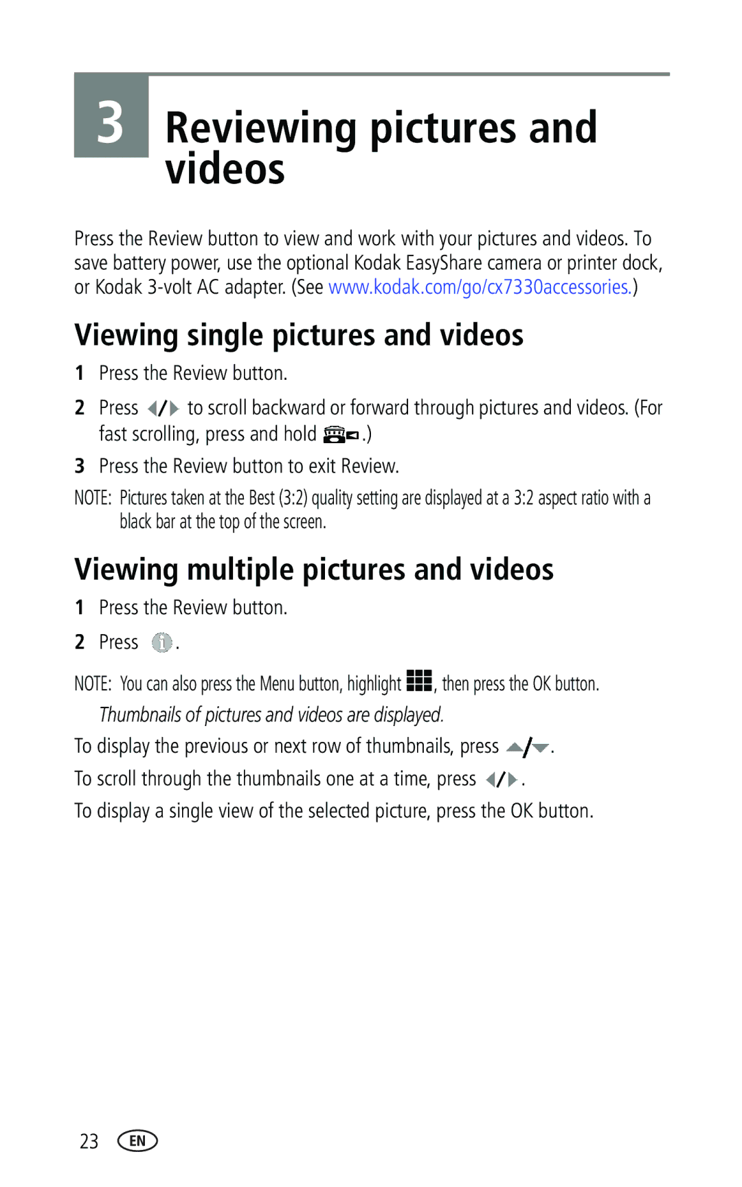 Kodak CX7330 manual Reviewing pictures and videos, Viewing single pictures and videos, Viewing multiple pictures and videos 