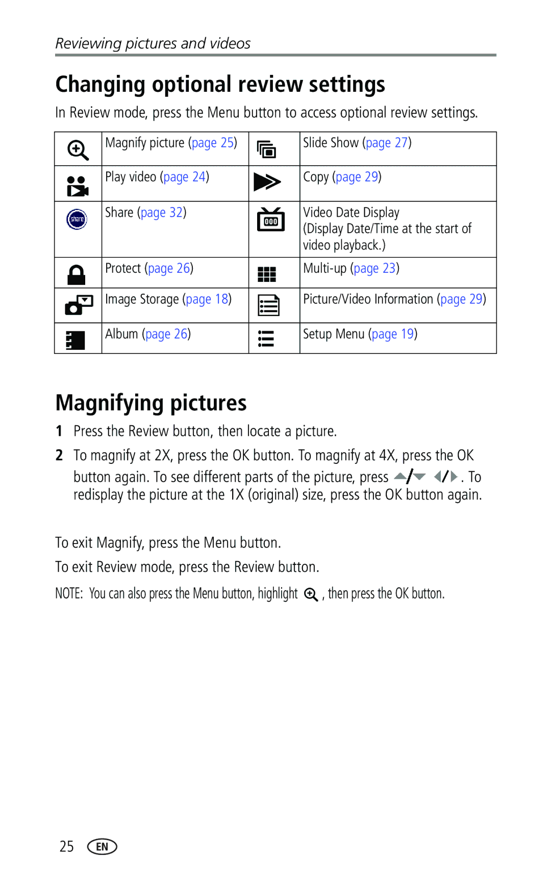 Kodak CX7330 manual Changing optional review settings, Magnifying pictures, Press the Review button, then locate a picture 