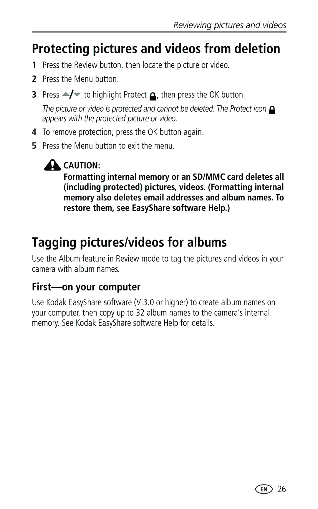 Kodak CX7330 manual Protecting pictures and videos from deletion, Tagging pictures/videos for albums 