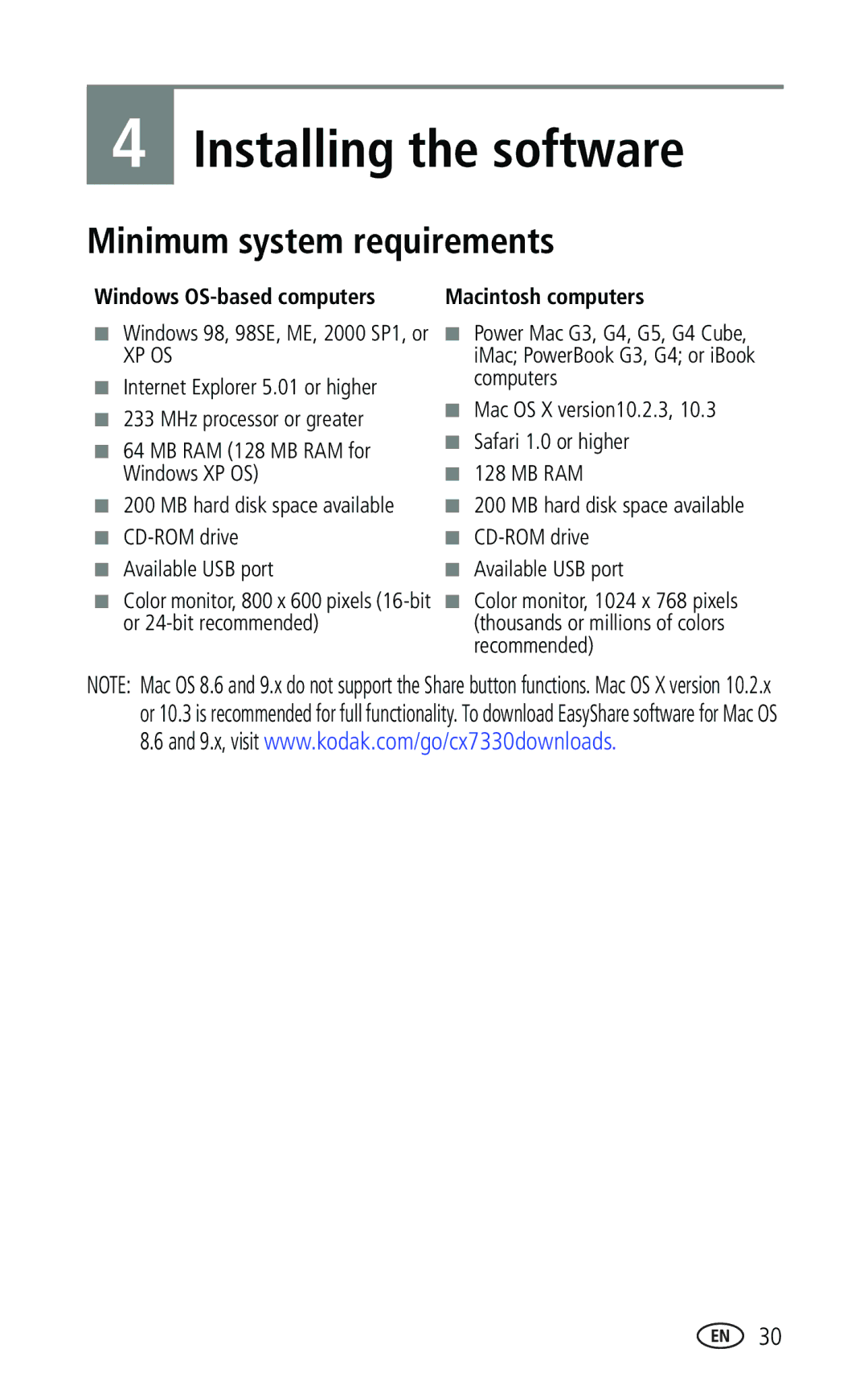 Kodak CX7330 manual Installing the software, Minimum system requirements, Windows OS-based computers 