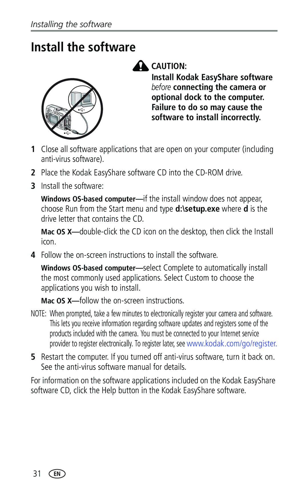 Kodak CX7330 manual Install the software, Mac OS X-follow the on-screen instructions 