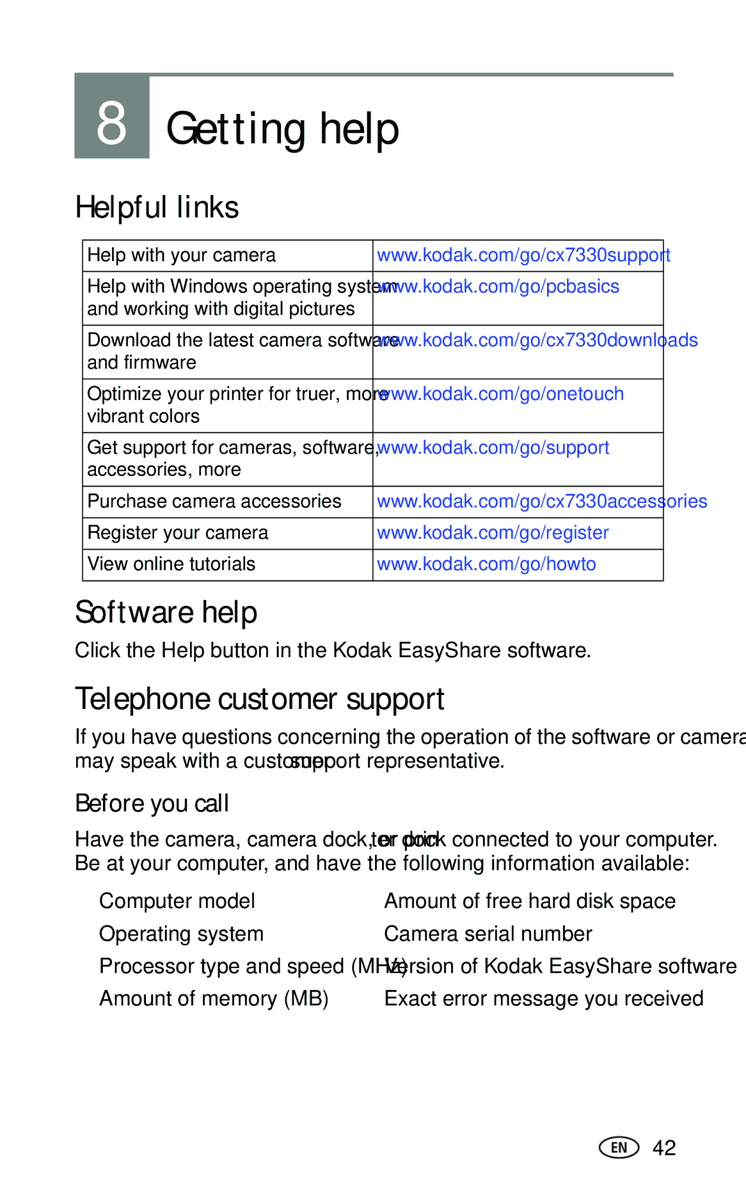 Kodak CX7330 manual Getting help, Helpful links, Software help, Telephone customer support, Before you call 