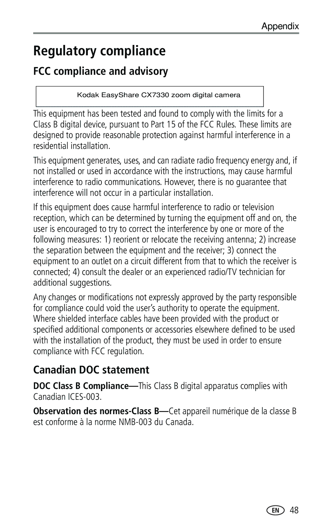 Kodak CX7330 manual Regulatory compliance, FCC compliance and advisory, Canadian DOC statement 