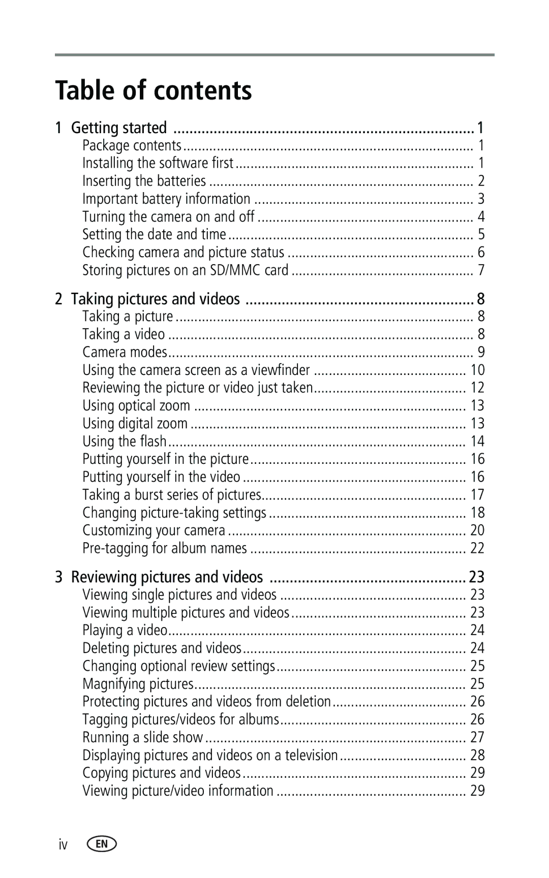 Kodak CX7330 manual Table of contents 