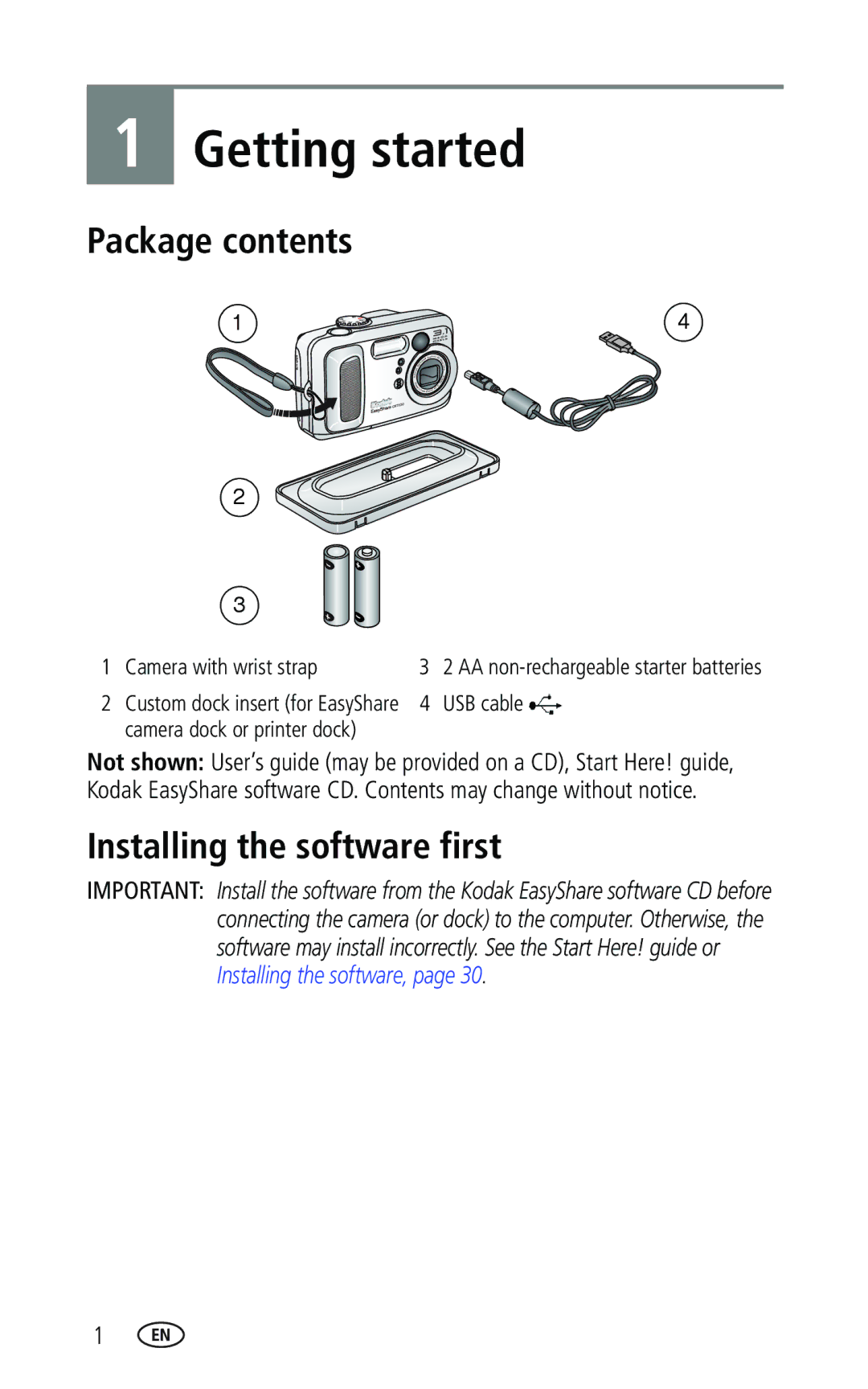 Kodak CX7330 manual Getting started, Package contents, Installing the software first 