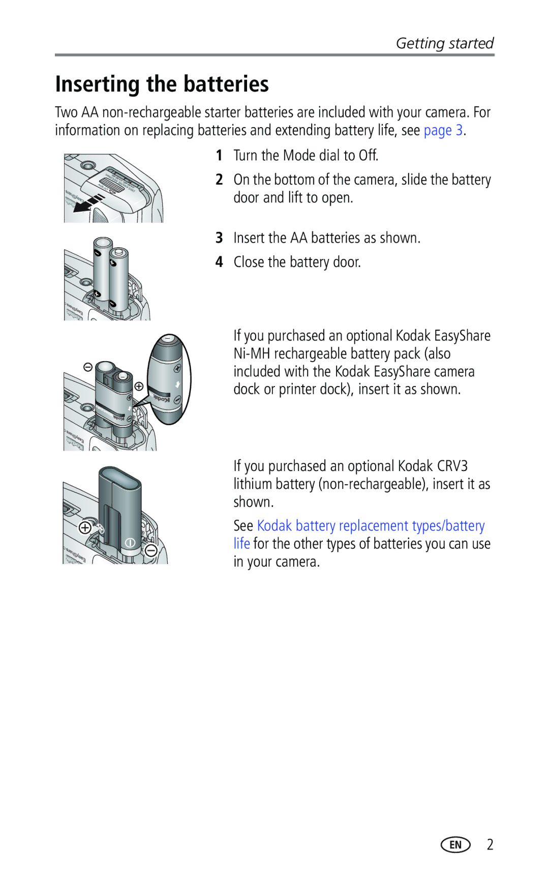 Kodak CX7330 manual Inserting the batteries 