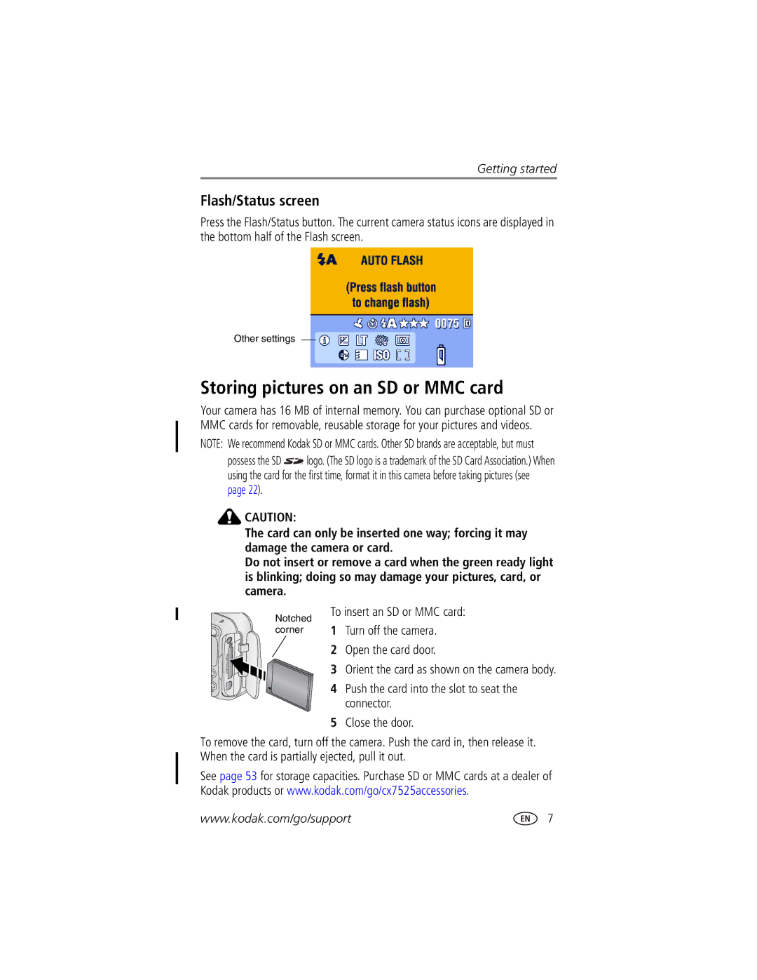 Kodak CX7525 manual Storing pictures on an SD or MMC card, Flash/Status screen 