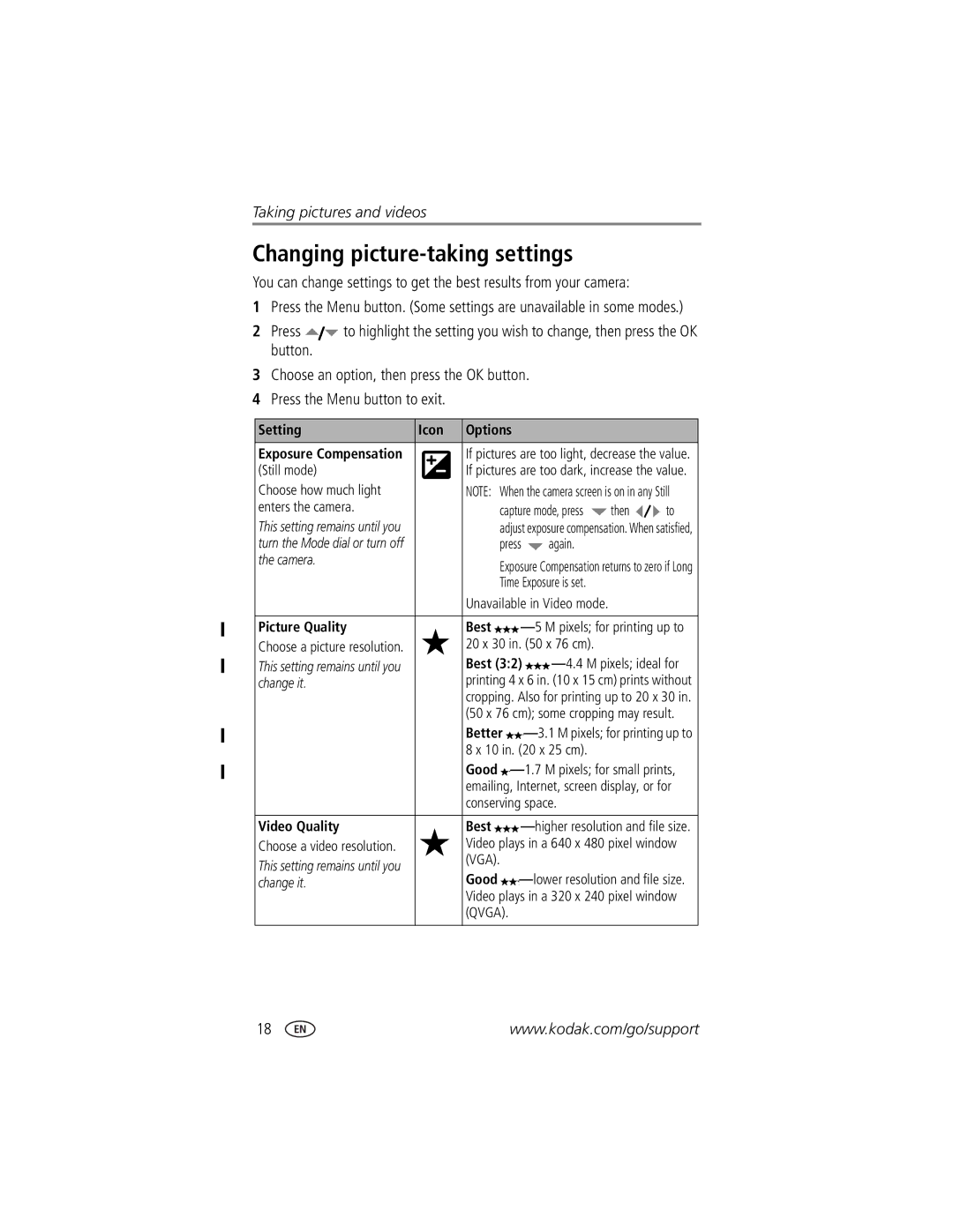 Kodak CX7525 manual Changing picture-taking settings 