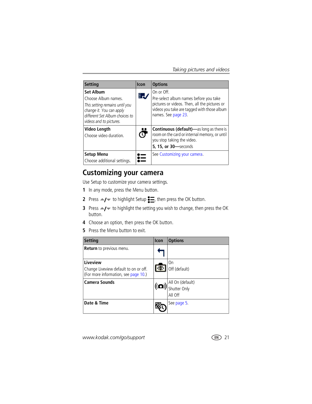 Kodak CX7525 manual Customizing your camera, Liveview, Camera Sounds, Date & Time 