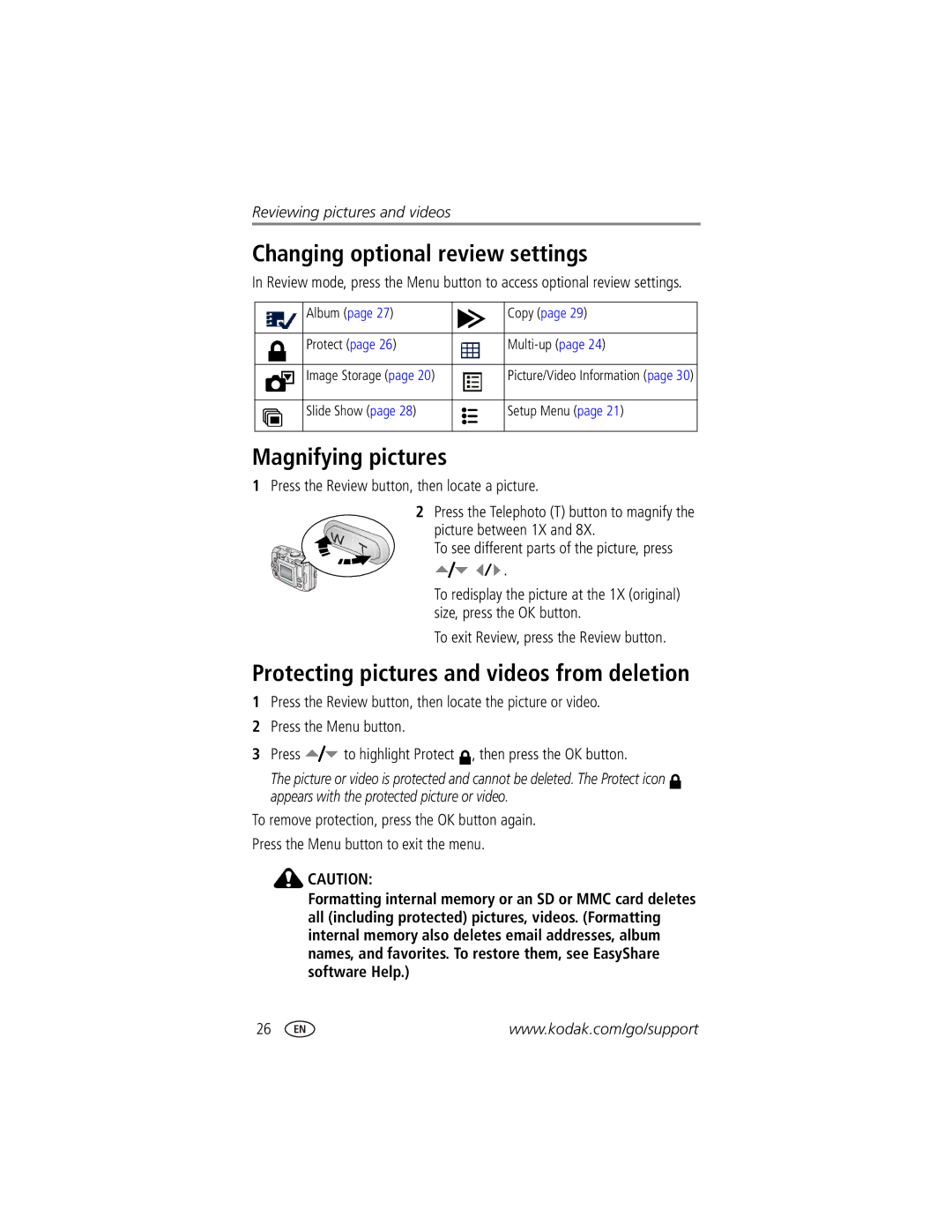 Kodak CX7525 manual Changing optional review settings, Magnifying pictures, Protecting pictures and videos from deletion 