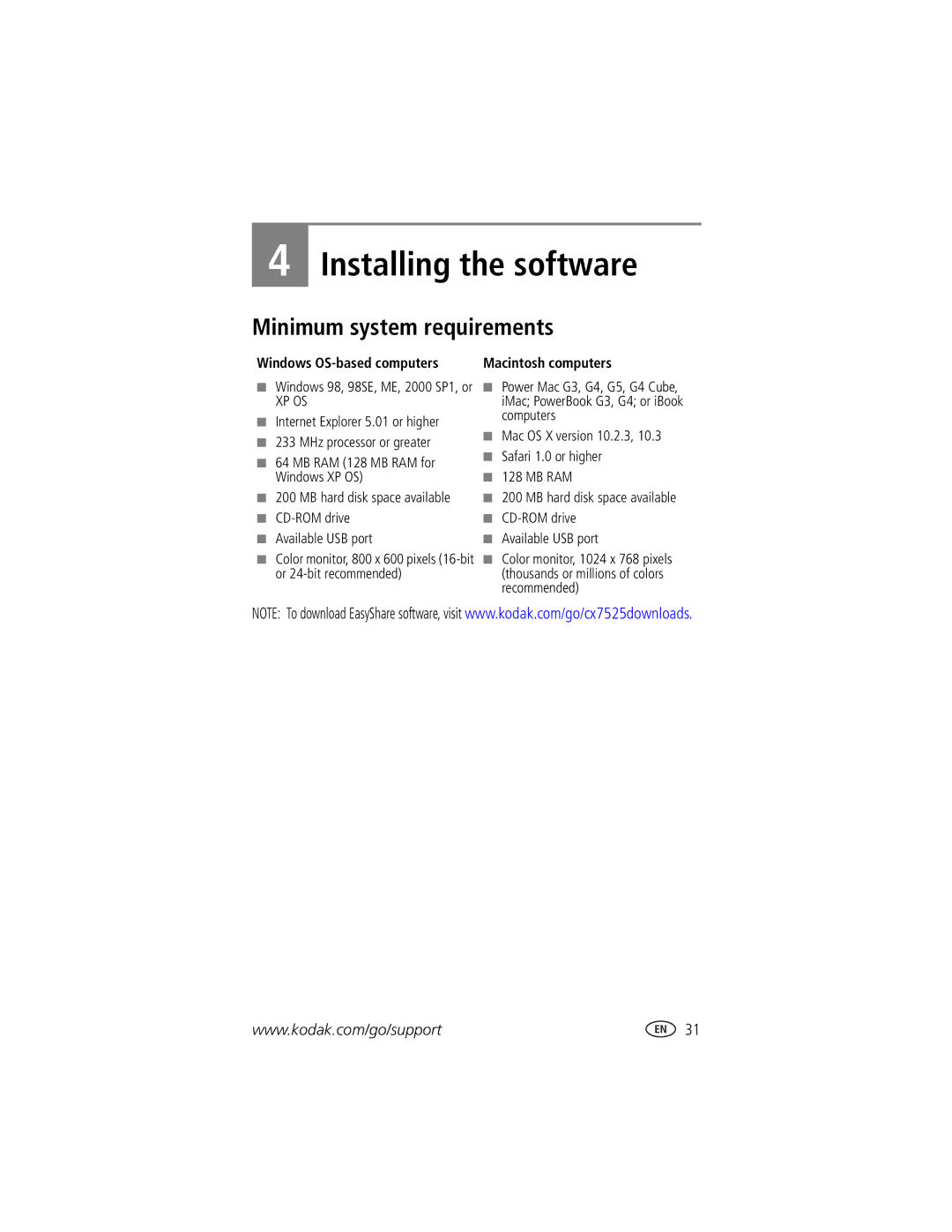 Kodak CX7525 manual Installing the software, Minimum system requirements, Windows OS-based computers 