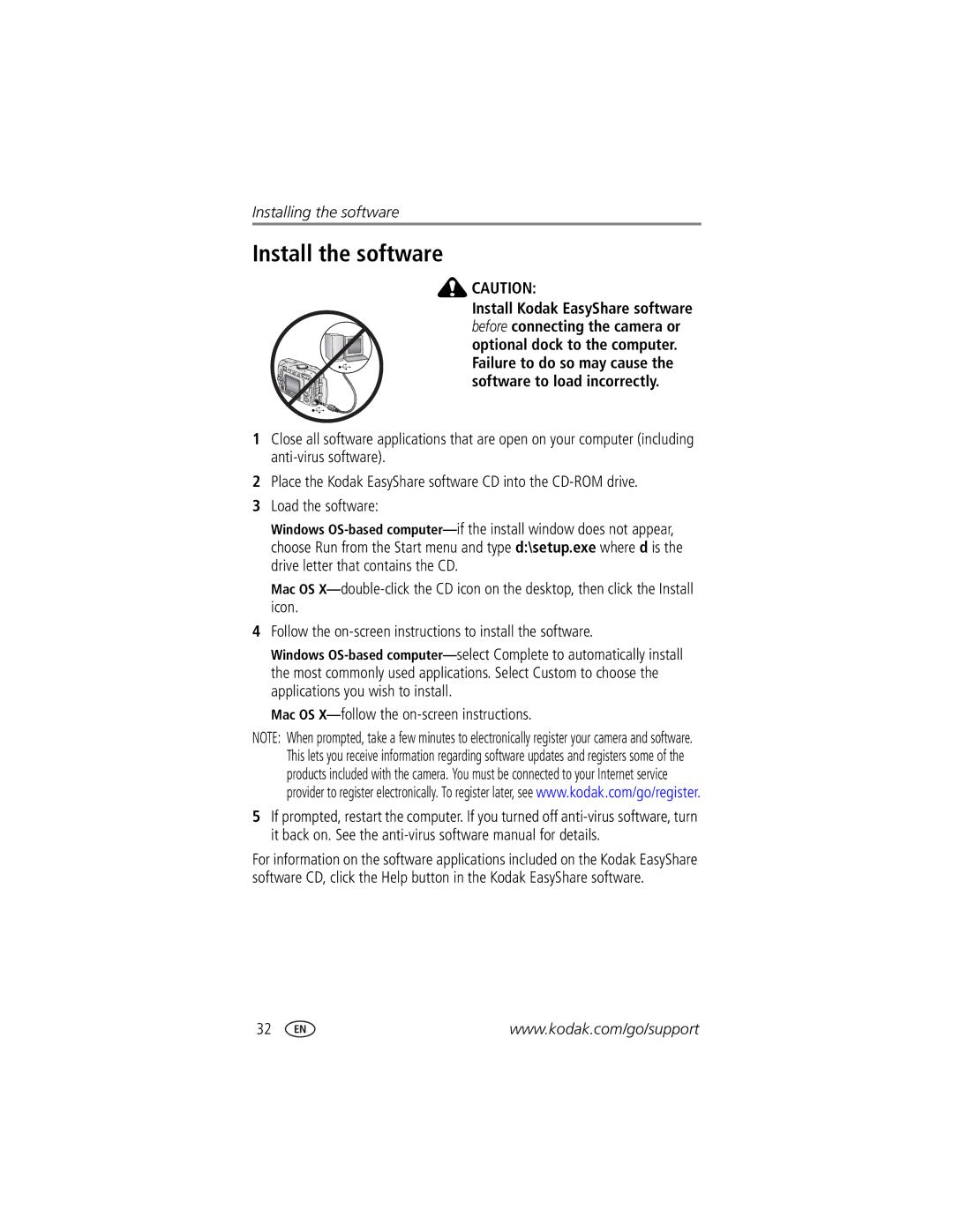 Kodak CX7525 manual Install the software, Mac OS X-follow the on-screen instructions 